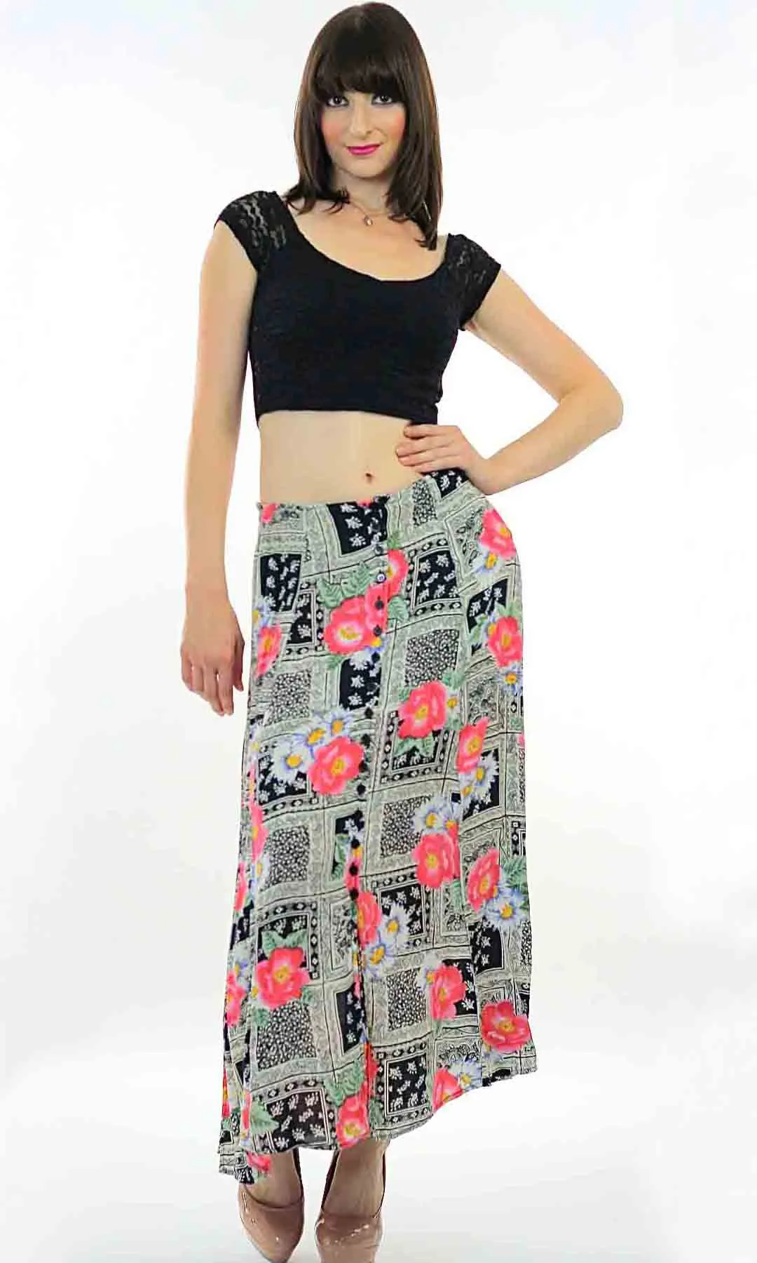 Vintage Boho Hippie Floral Button down maxi skirt