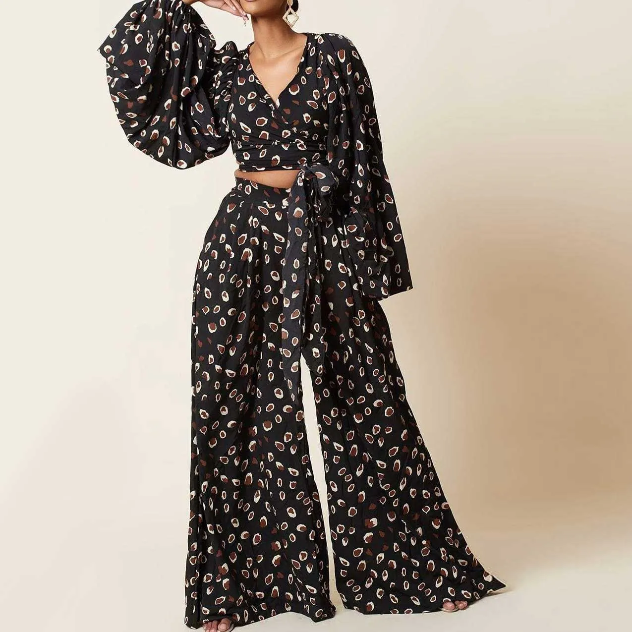 Women's Leopard Print Lace-Up | Wide Leg Pants Set