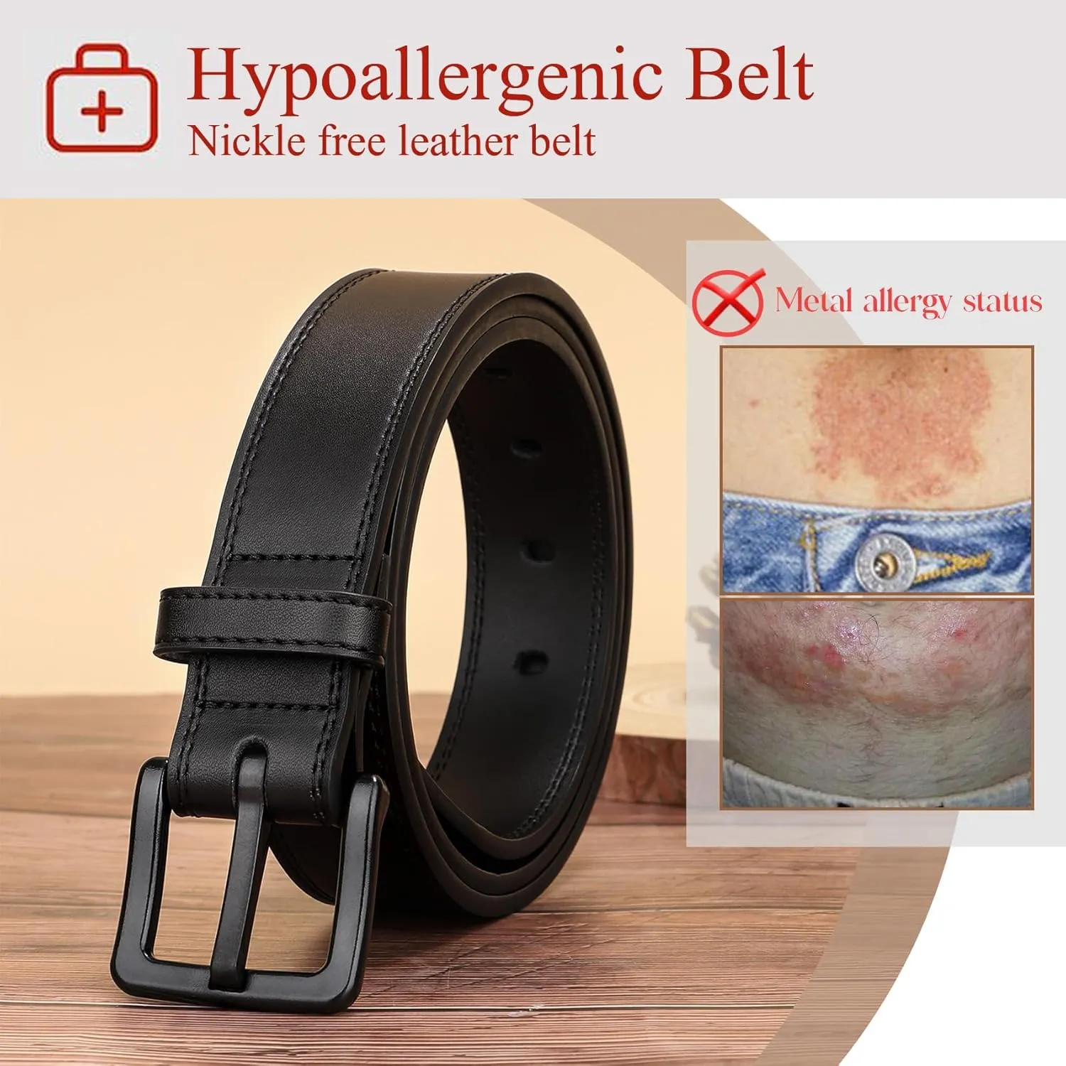 XZQTIVE Men??s Metal Free Belt Hypoallergenic Leather Belts For Jeans Dress Nickle Free TSA Belt With Black Buckle