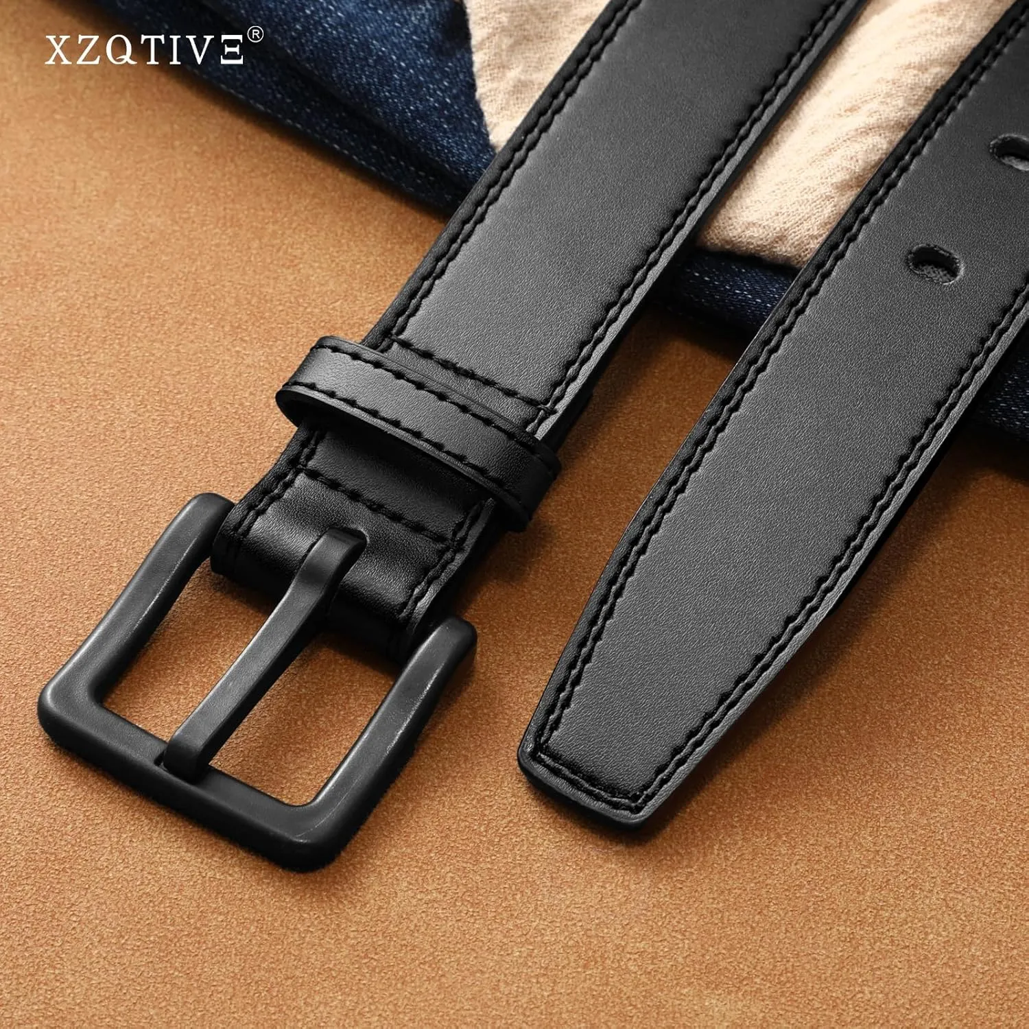 XZQTIVE Men??s Metal Free Belt Hypoallergenic Leather Belts For Jeans Dress Nickle Free TSA Belt With Black Buckle