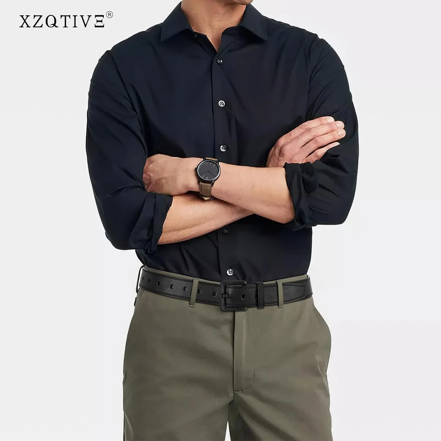 XZQTIVE Men??s Metal Free Belt Hypoallergenic Leather Belts For Jeans Dress Nickle Free TSA Belt With Black Buckle