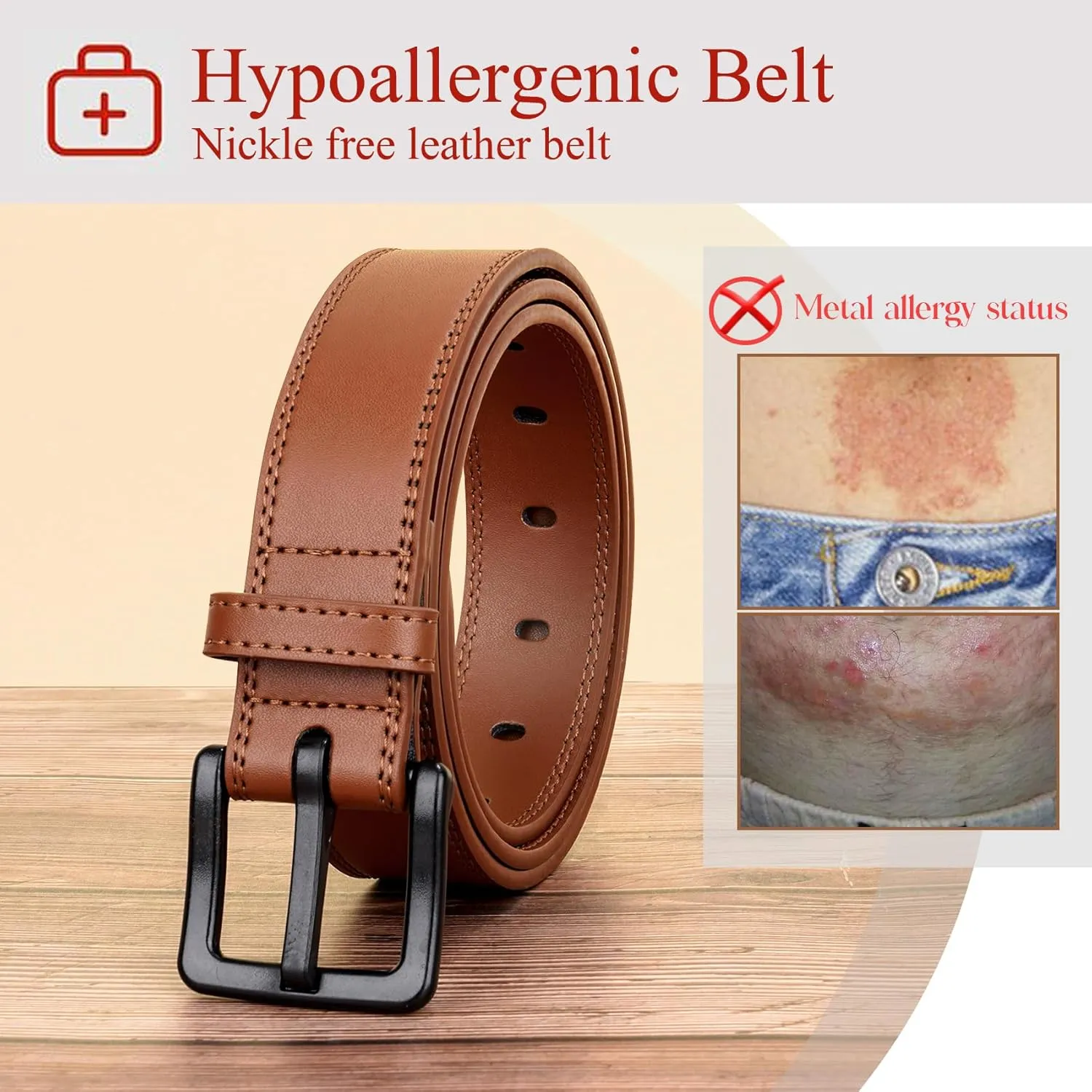 XZQTIVE Men??s Metal Free Belt Hypoallergenic Leather Belts For Jeans Dress Nickle Free TSA Belt With Black Buckle