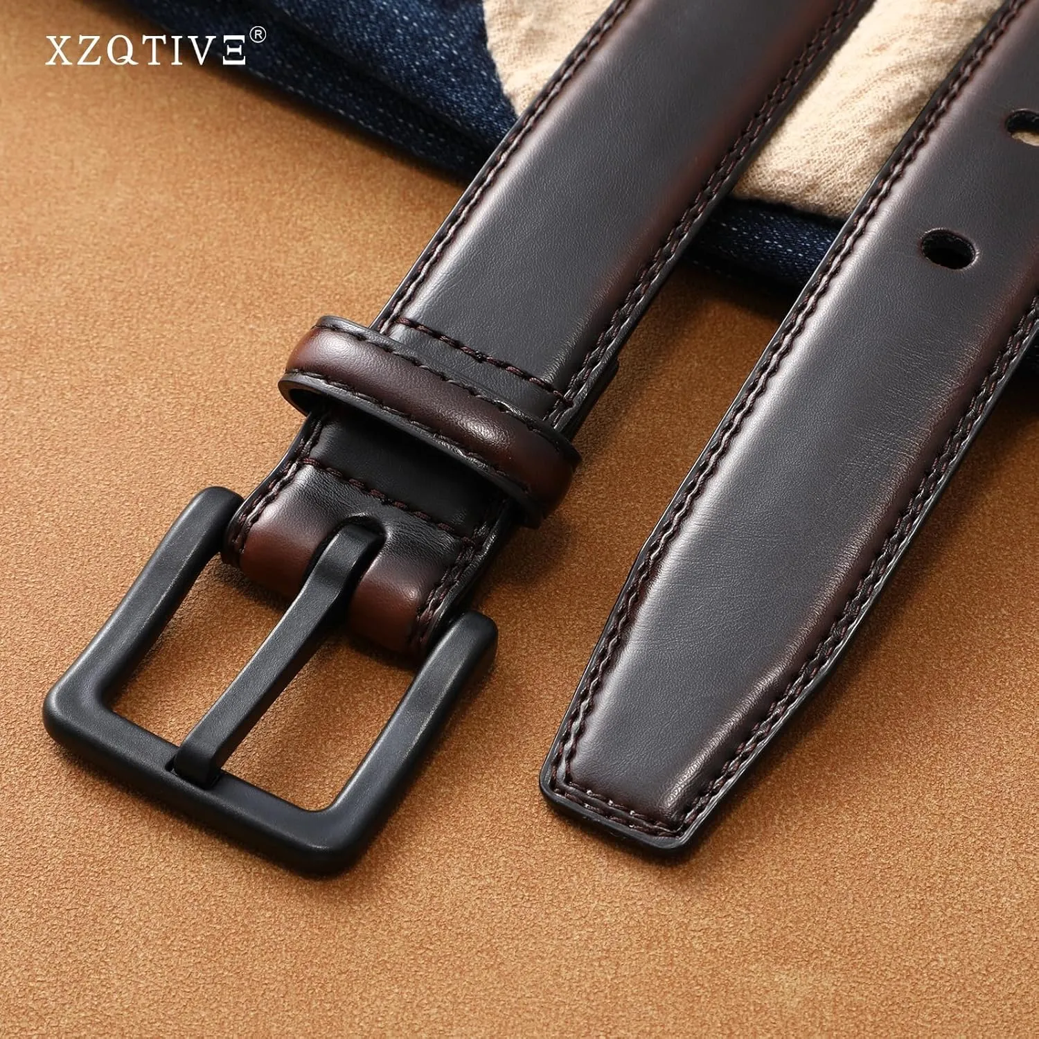 XZQTIVE Men??s Metal Free Belt Hypoallergenic Leather Belts For Jeans Dress Nickle Free TSA Belt With Black Buckle