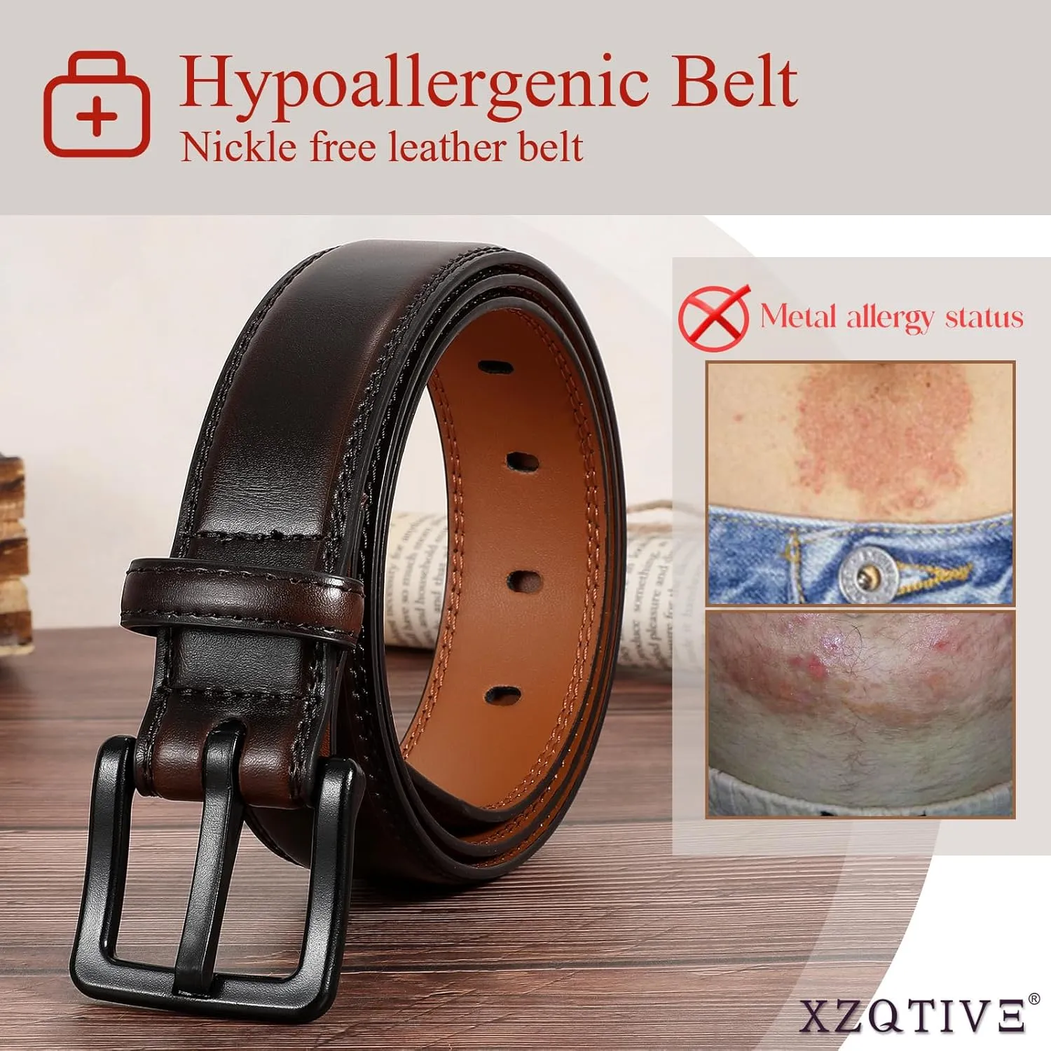 XZQTIVE Men??s Metal Free Belt Hypoallergenic Leather Belts For Jeans Dress Nickle Free TSA Belt With Black Buckle